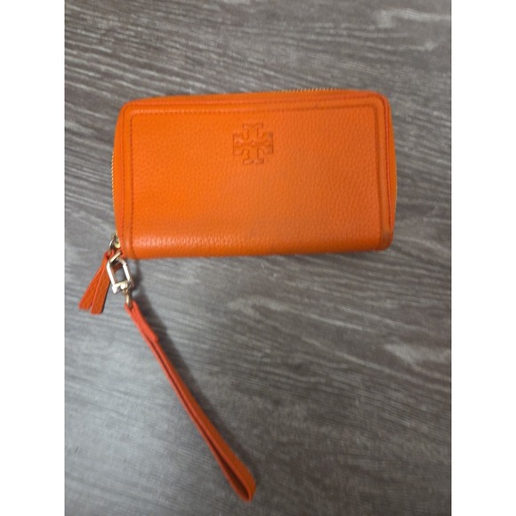Tory Burch Round Zipper Leather Long Orange Wallet With Gold Accents - Picture 1 of 11